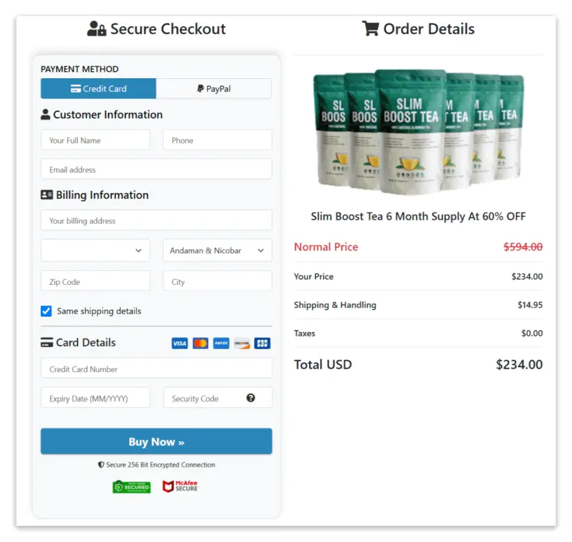 Slim Boost Tea Secure Checkout Page